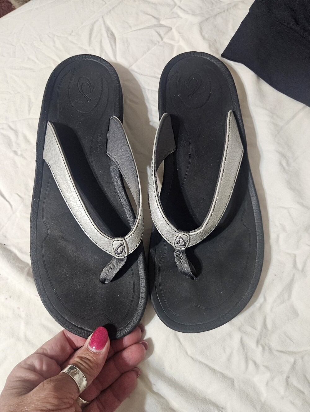 OluKai Black Flip Flop Sandals with Gray Straps